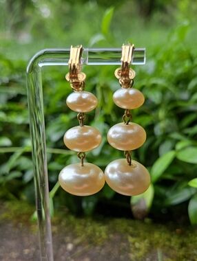 Vintage Gold and Pearl Triple-Drop Clip-On Earrings